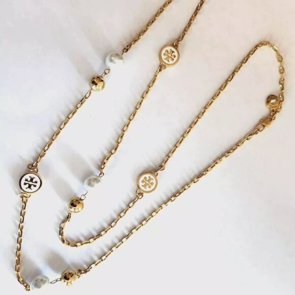 Tory Burch Lacquered Logo Convertible Rosary Necklace 36 in in Ivory NEW - Picture 2 of 11